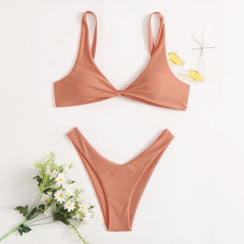

Solid Twist Bikini Swimsuit, Coral orange