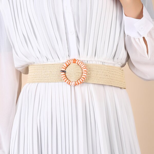 

Round Buckle Woven Belt, Beige