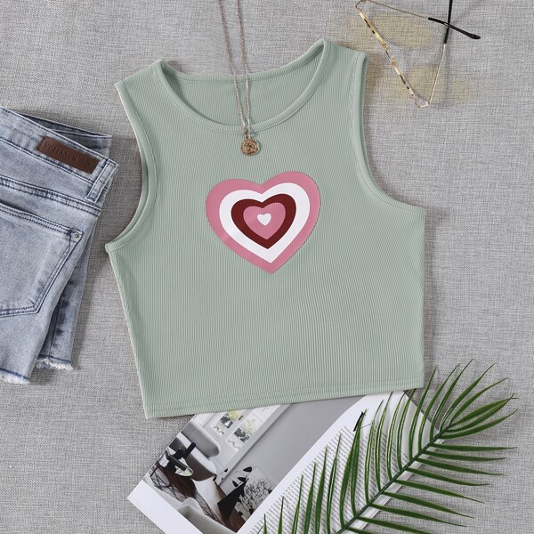 

Heart Print Rib Knit Crop Tank Top, Green