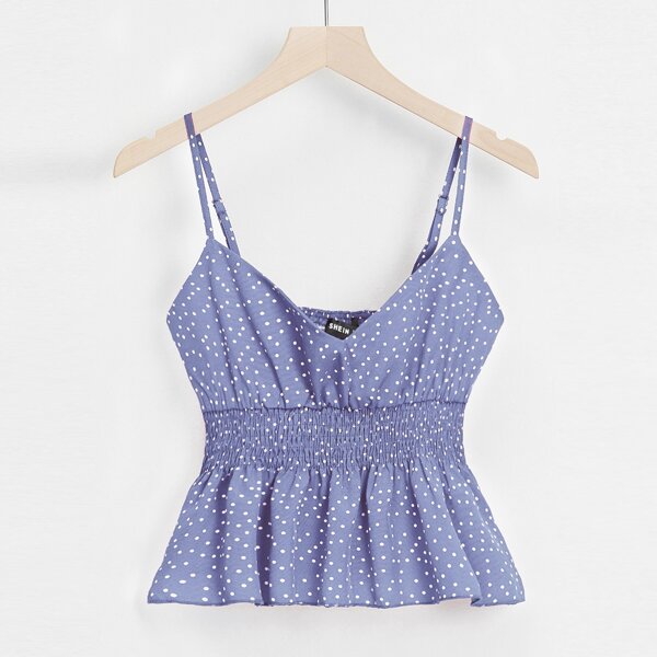 

Polka Dot Shirred Waist Ruffle Hem Cami Top, Blue