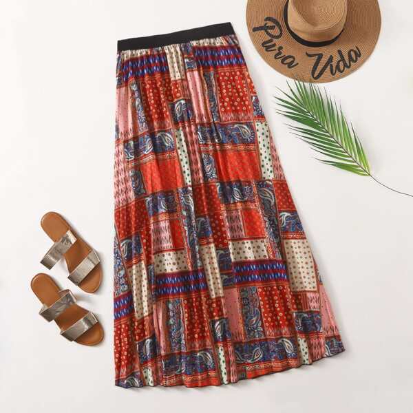 

Plus Paisley Patchwork Print Pleated Skirt, Multicolor