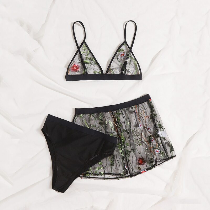 

3pack Floral Embroidered Mesh Lingerie Set, Black