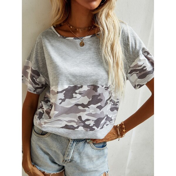 

Contrast Camo Drop Shoulder Tee, Grey