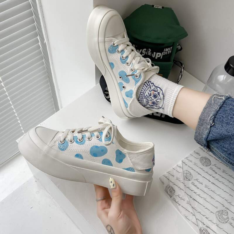 

Graphic Lace-up Canvas Sneakers, Blue and white