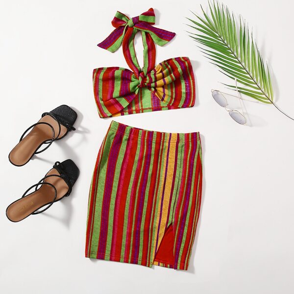 

Striped Halter Top & Slit Hem Skirt Set, Multicolor