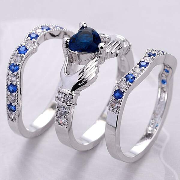 

3pcs Zircon Heart Decor Ring, Blue