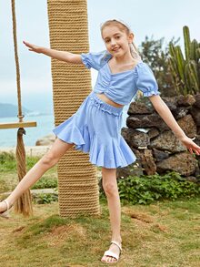 SHEIN 女孩泡泡袖後打褶上衣和荷葉邊下擺半身裙套裝