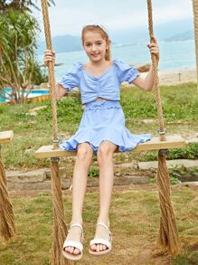 SHEIN 女孩泡泡袖後打褶上衣和荷葉邊下擺半身裙套裝