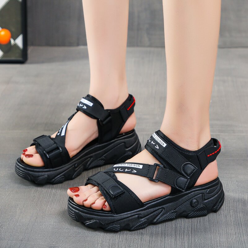 

Letter Velcro Strap Sport Sandals, Black