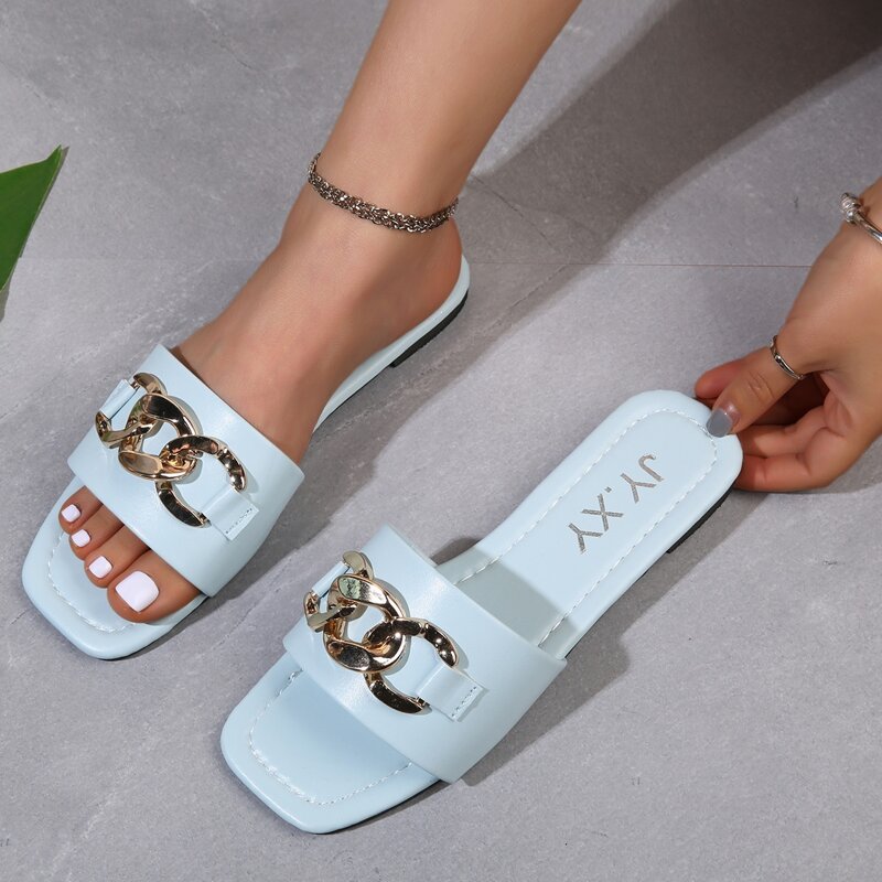 

Chain Wide Band Slide Sandals, Blue