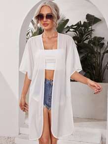 SHEIN Kimono abierto de color sólido, para vacaciones de verano en la playa - Blanco - Ver 1