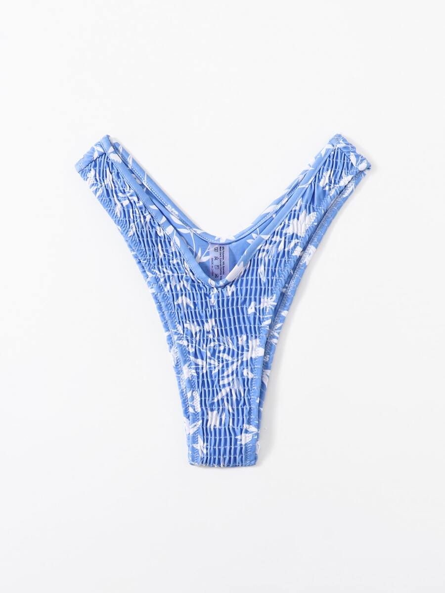Floral Smocked High Cut Bikini Panty - Blue - View 1