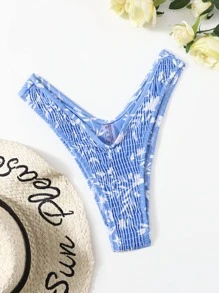 Floral Smocked High Cut Bikini Panty - Blue - View 3