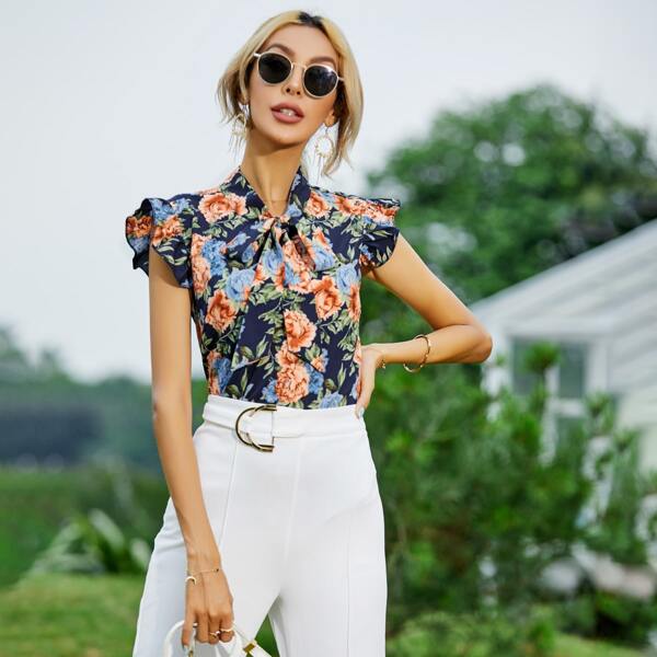 

Floral Print Tie Neck Blouse, Multicolor