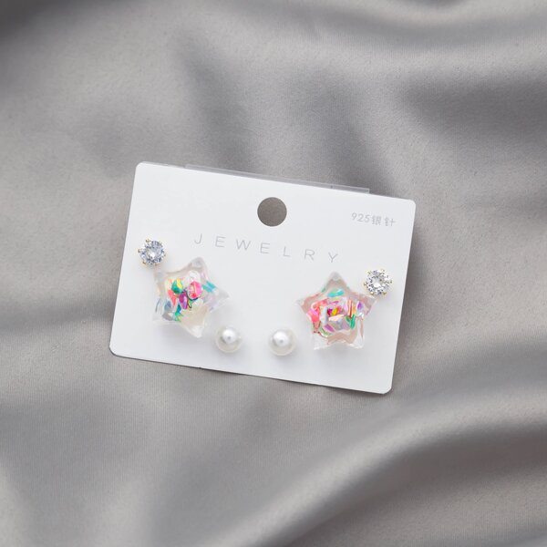 

3pairs Star Decor Stud Earrings, Multicolor