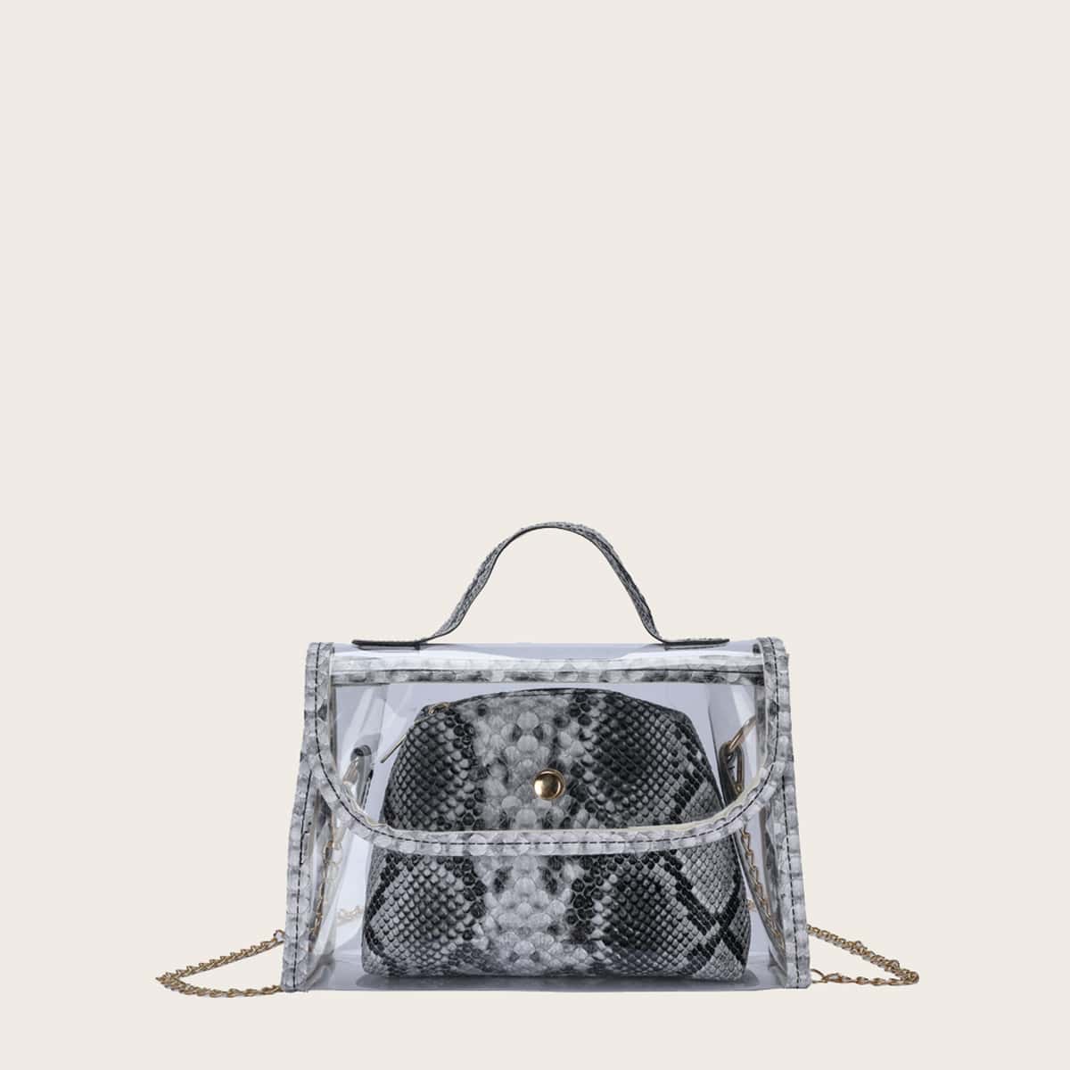 

Snakeskin Clear Satchel Bag, Multicolor