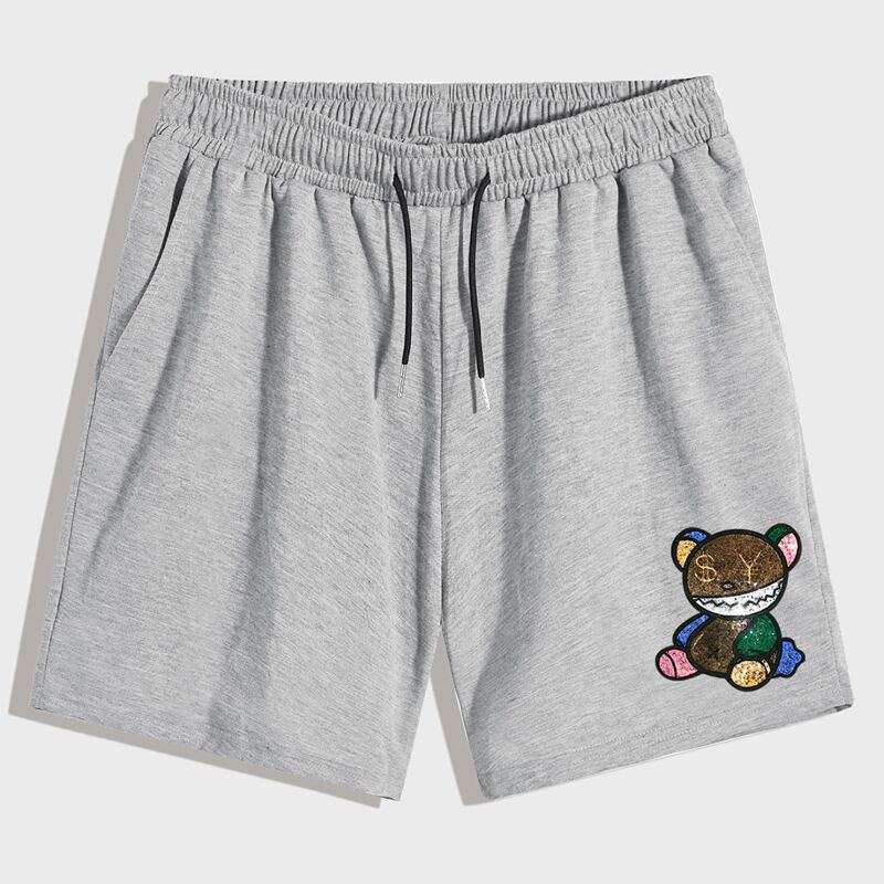 

Guys Cartoon Bear Graphic Drawstring Shorts, Light grey