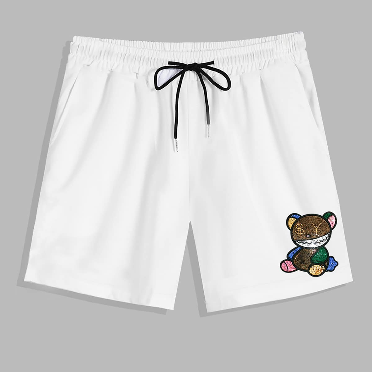 

Guys Cartoon Bear Graphic Drawstring Shorts, White