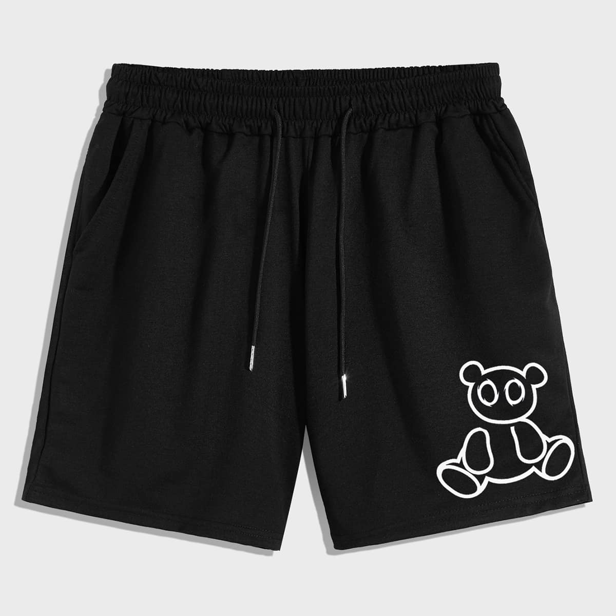 

Guys Cartoon Bear Graphic Drawstring Shorts, Black