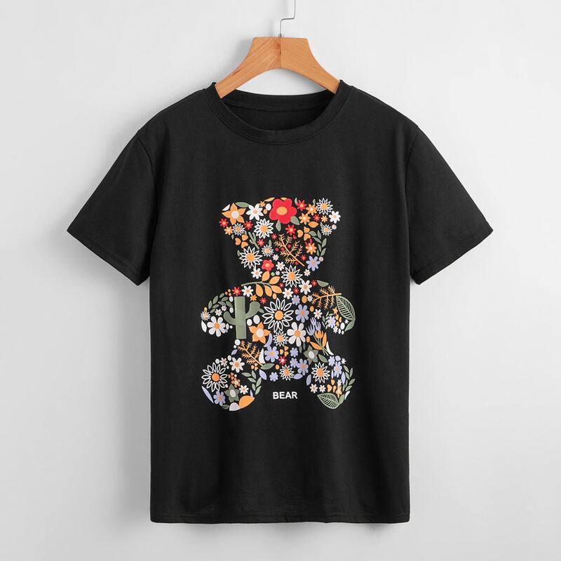 

Letter Floral Bear Graphic Tee, Black