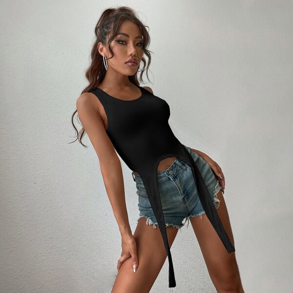 

Scoop Neck Asymmetrical Hem Tank Top, Black