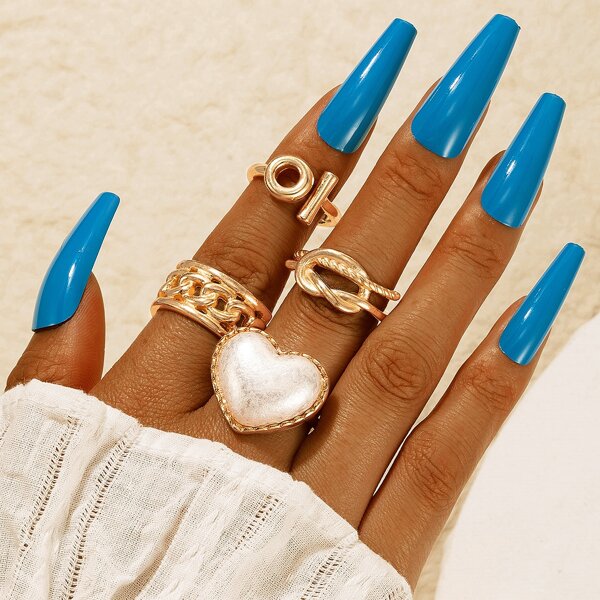 

4pcs Heart Decor Ring, Gold