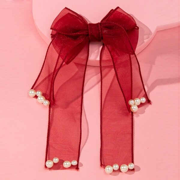 

Girls Faux Pearl & Bow Decor Hair Clip, Red
