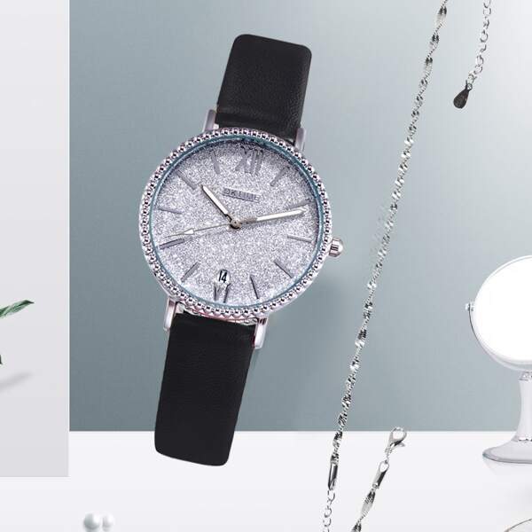 

1pc Glitter Dial Round Pointer Watch & 1pc Bracelet