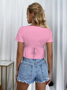 Tie Front Ruched Bust Peplum Top - Pink - View 2