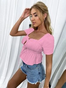 Tie Front Ruched Bust Peplum Top - Pink - View 4