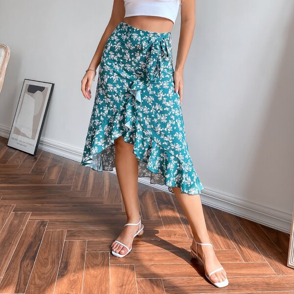 

Ruffle Trim Wrap Knot Floral Skirt, Cadet blue