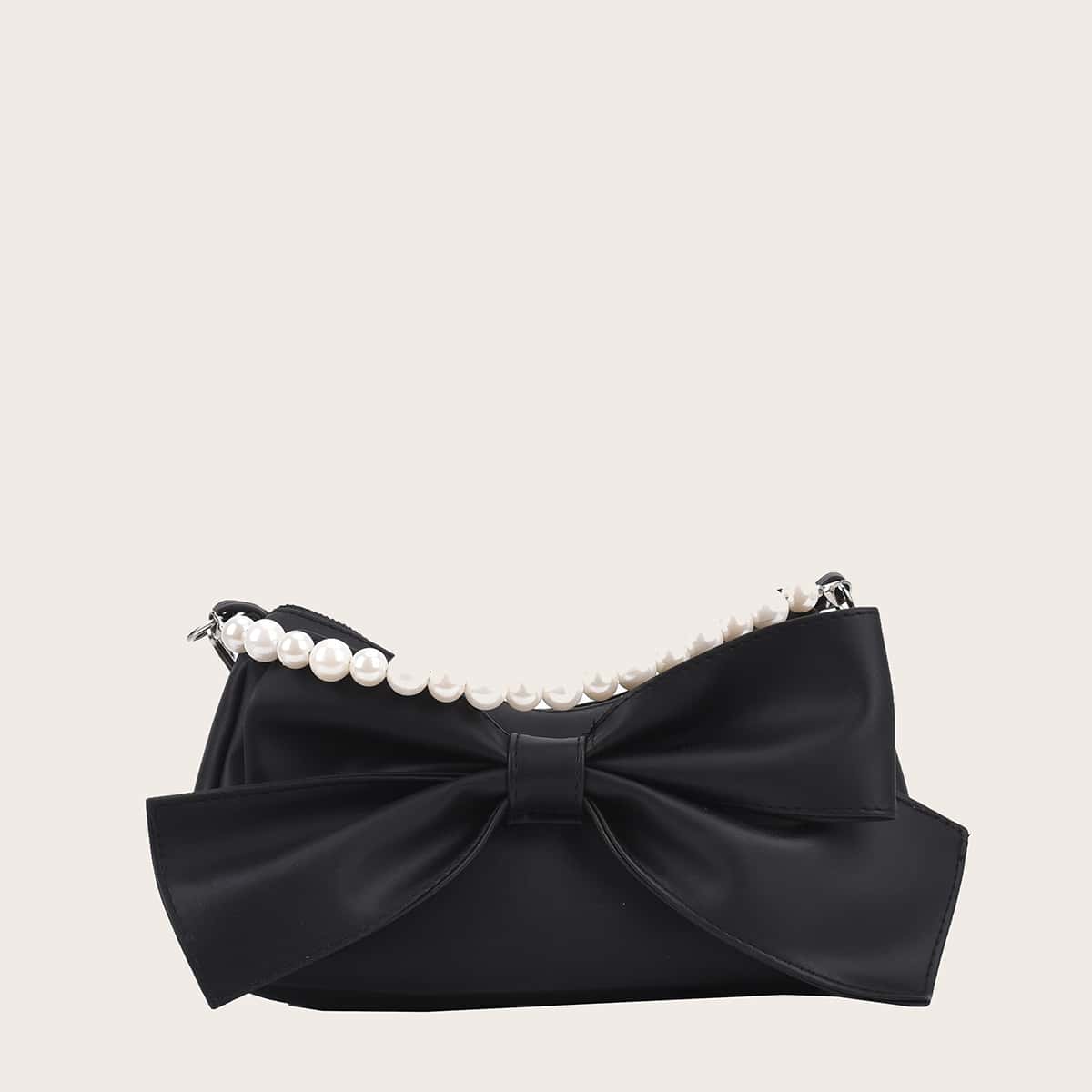 

Faux Pearl Handle Bow Satchel Bag, Black