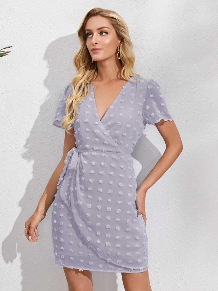 SHEIN VCAY Surplice Neck Wrap Knot Swiss Dot Dress - Purple - View 1