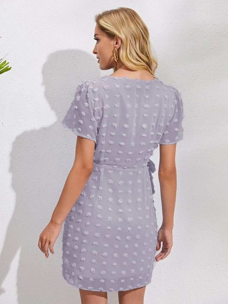 SHEIN VCAY Surplice Neck Wrap Knot Swiss Dot Dress - Purple - View 2