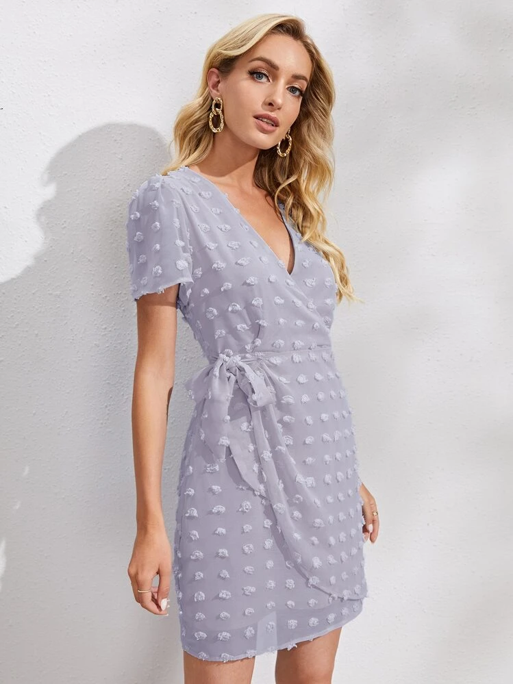 SHEIN VCAY Surplice Neck Wrap Knot Swiss Dot Dress - Purple - View 5