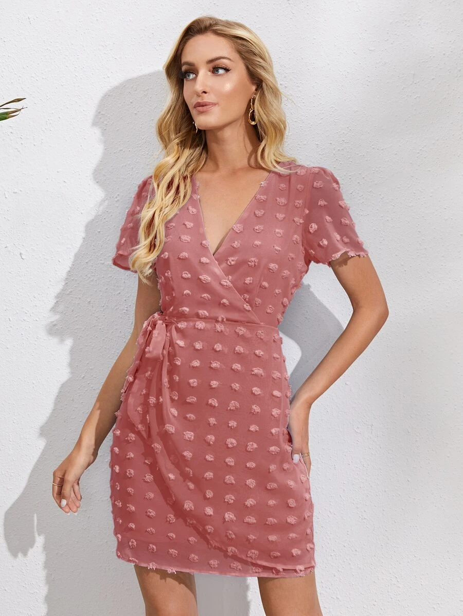 SHEIN VCAY Surplice Neck Wrap Knot Swiss Dot Dress - Hot Pink - View 1