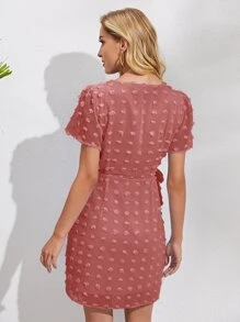 SHEIN VCAY Surplice Neck Wrap Knot Swiss Dot Dress - Hot Pink - View 2