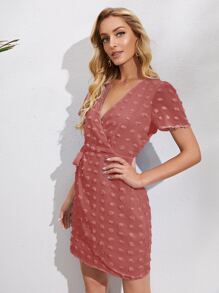 SHEIN VCAY Surplice Neck Wrap Knot Swiss Dot Dress - Hot Pink - View 4