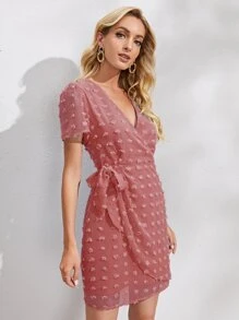 SHEIN VCAY Surplice Neck Wrap Knot Swiss Dot Dress - Hot Pink - View 5