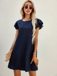 SHEIN LUNE Solid Butterfly Sleeve Tunic Dress - Navy Blue - View 1