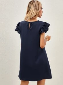SHEIN LUNE Solid Butterfly Sleeve Tunic Dress - Navy Blue - View 2