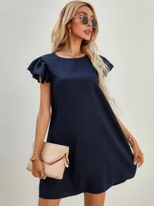 SHEIN LUNE Solid Butterfly Sleeve Tunic Dress - Navy Blue - View 4