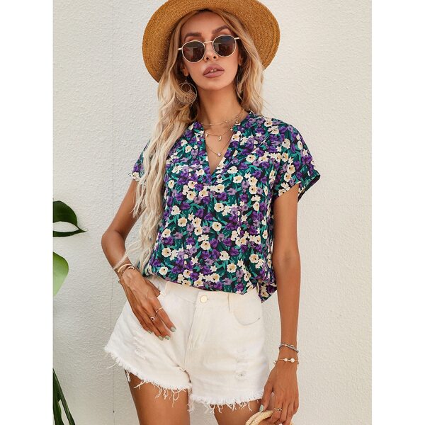 

Allover Floral Notched Neck Blouse, Multicolor
