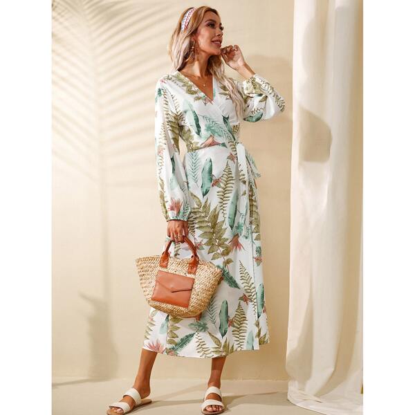 

Plants Print Knot Side Wrap Dress, Multicolor