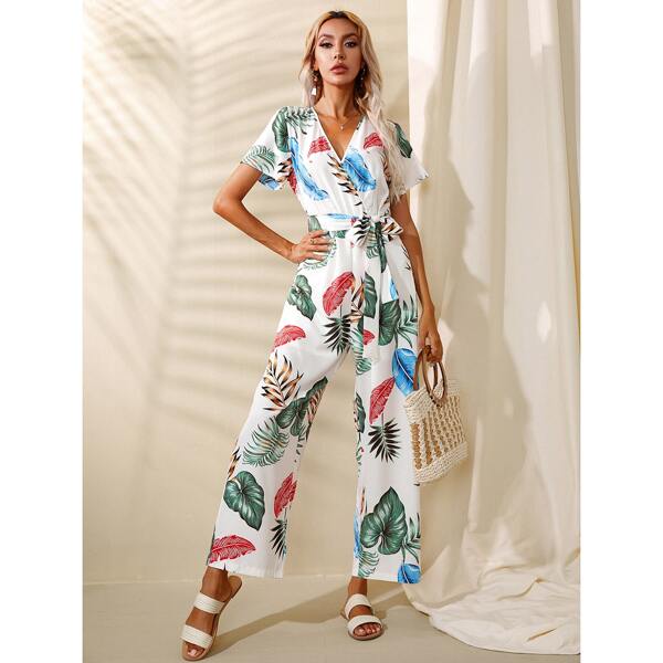

Plants Print Surplice Neck Belted Jumpsuit, Multicolor