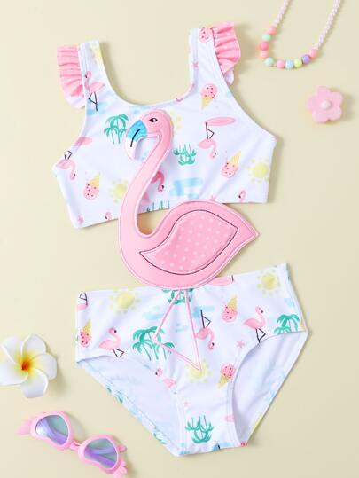 ملابس سباحة قطعة واحدة مزين فلامنغو للبنات الصغار