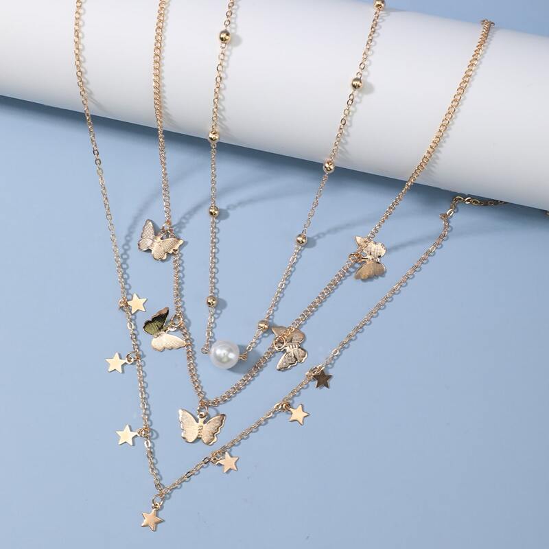 

3pcs Faux Pearl Chain Necklace, Gold
