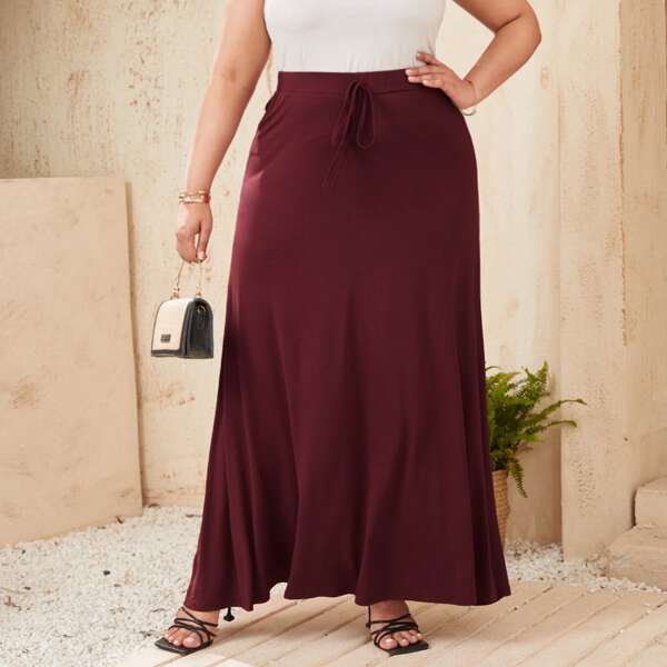 

Plus Knotted Front Solid Skirt, Burgundy