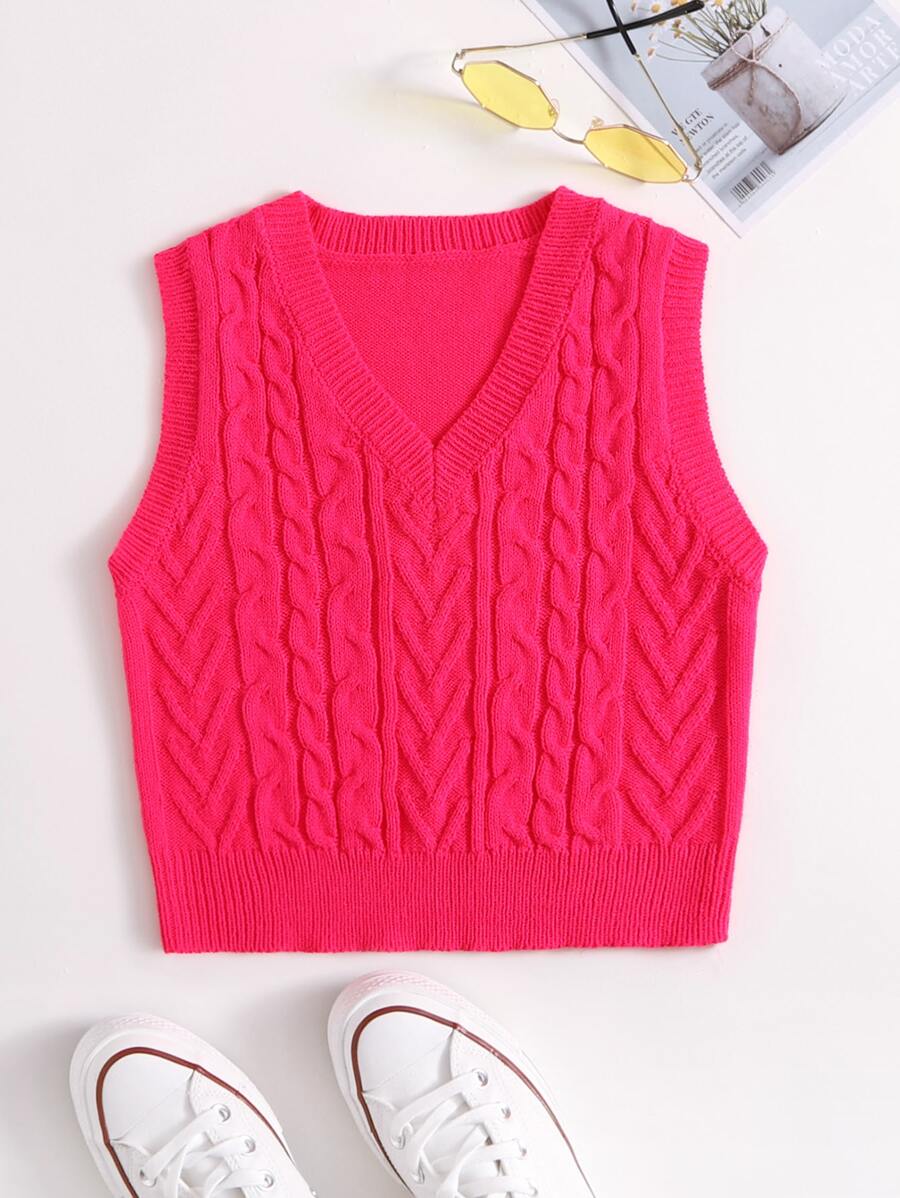 Neon Pink Cable Knit Sweater Vest - Watermelon Pink - View 1