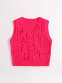 Neon Pink Cable Knit Sweater Vest - Watermelon Pink - View 3